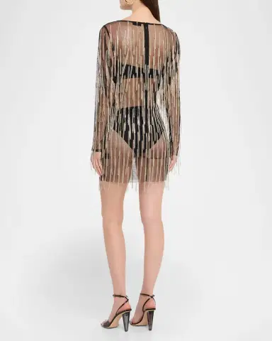 LAPOINTE Crystal Fringe Mesh Long-Sleeve Mini Dress | Thumbnail 3