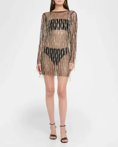 LAPOINTE Crystal Fringe Mesh Long-Sleeve Mini Dress | Thumbnail 4