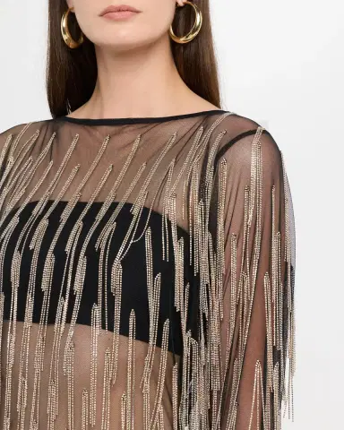 LAPOINTE Crystal Fringe Mesh Long-Sleeve Mini Dress | Thumbnail 5