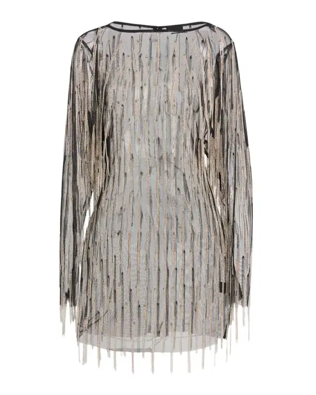 Crystal Fringe Mesh Long-Sleeve Mini Dress