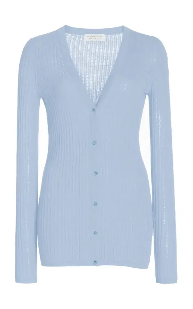 Homer Pointelle Knit Cardigan in Halogen Blue Cashmere Silk