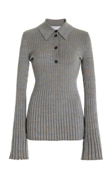 Gabriela Hearst Alam Knit Polo in Light Blue Melange Cashmere | Thumbnail 1 Gabriela Hearst Alam Knit Polo in Light Blue Melange Cashmere | Thumbnail 1