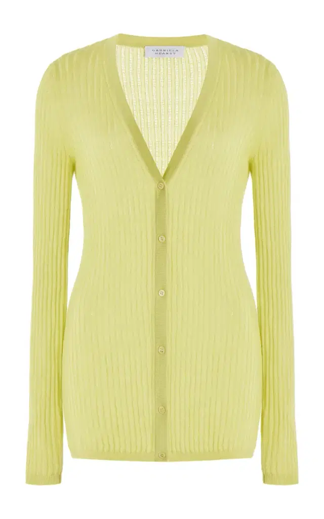 Emma Pointelle Knit Cardigan in Lime Adamite Cashmere Silk