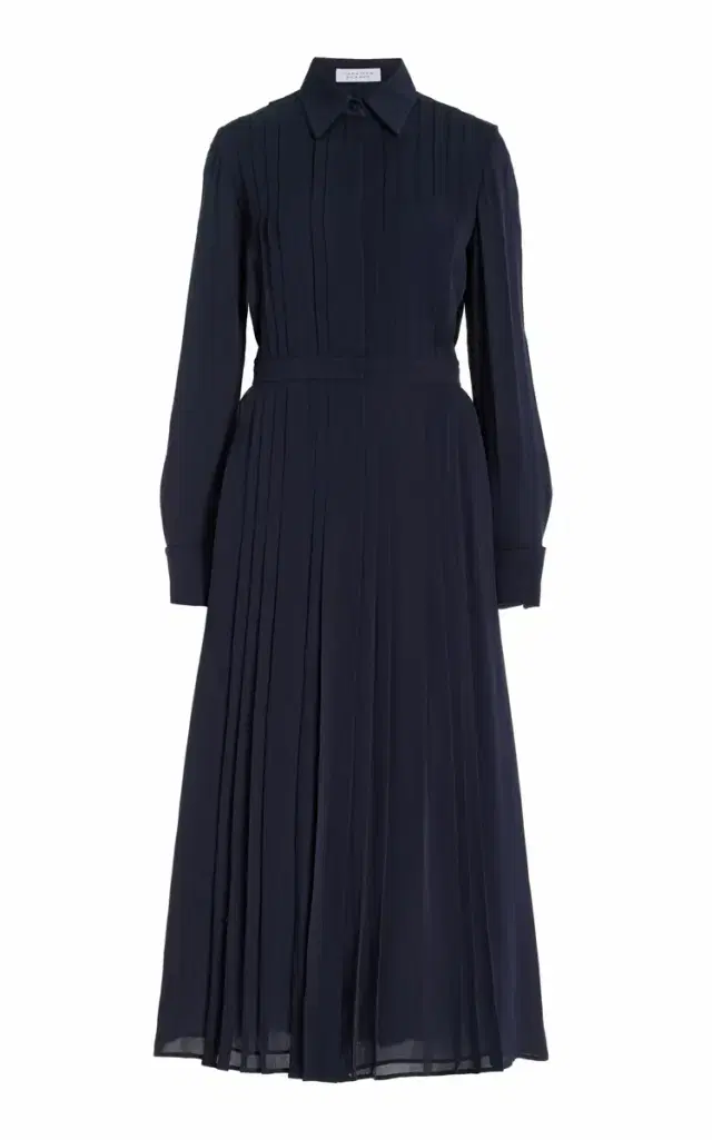 Delphine Corrugated Shirtdress in Dark Navy Silk Georgette Twill