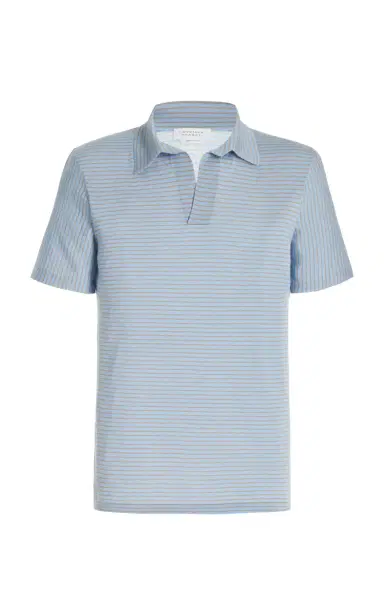 Gabriela Hearst Stendhal Knit Short Sleeve Polo in Halogen Blue & Camel Cashmere | Thumbnail 1 Gabriela Hearst Stendhal Knit Short Sleeve Polo in Halogen Blue & Camel Cashmere | Thumbnail 1