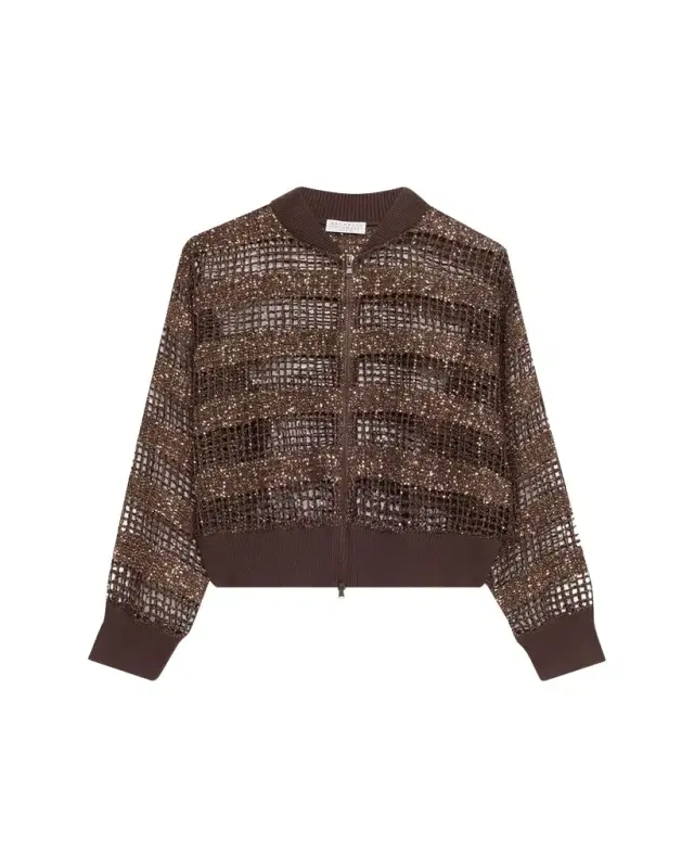 Brunello Cucinelli Sparkling Sequin Net Knit Bomber Jacket