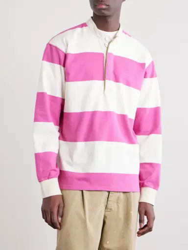 Drake's Grandad-Collar Striped Cotton-Jersey Half-Placket Shirt - Men | Thumbnail 3