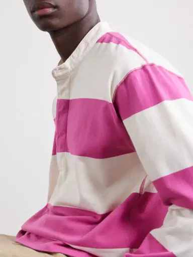 Drake's Grandad-Collar Striped Cotton-Jersey Half-Placket Shirt - Men | Thumbnail 5