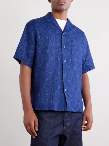 Blue Blue Japan Sakura Camp-Collar Indigo-Dyed Floral-Print Linen Shirt - Men | Thumbnail 3