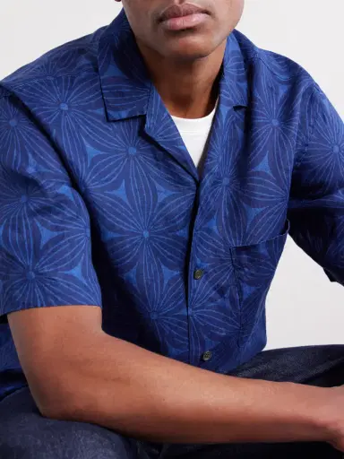 Blue Blue Japan Sakura Camp-Collar Indigo-Dyed Floral-Print Linen Shirt - Men | Thumbnail 5