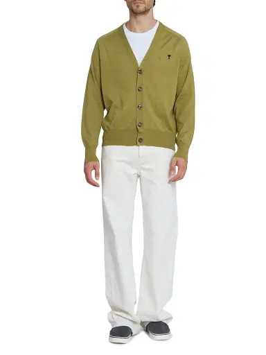 AMI PARIS Men's Embroidered Logo Wool Cardigan - Matcha Noir | Thumbnail 2 AMI PARIS Men's Embroidered Logo Wool Cardigan - Matcha Noir | Thumbnail 2