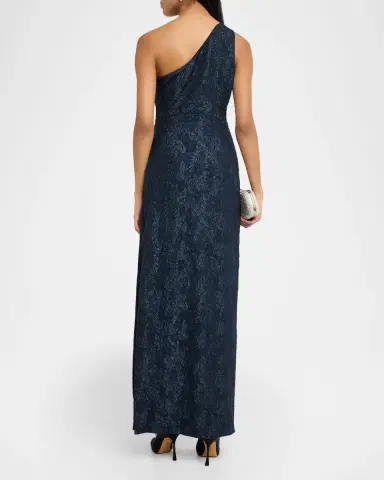 Aidan Mattox One-Shoulder Metallic Jacquard Column Gown | Thumbnail 2