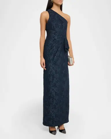 Aidan Mattox One-Shoulder Metallic Jacquard Column Gown | Thumbnail 3