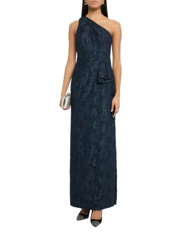 One-Shoulder Metallic Jacquard Column Gown