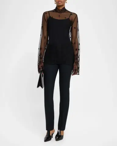 TOTEME Turtleneck Floral Tulle Long-Sleeve Blouse | Thumbnail 2