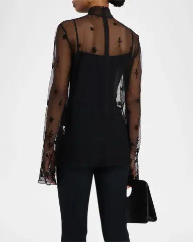 TOTEME Turtleneck Floral Tulle Long-Sleeve Blouse | Thumbnail 3