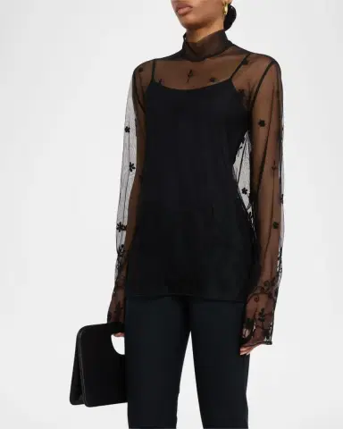 TOTEME Turtleneck Floral Tulle Long-Sleeve Blouse | Thumbnail 4