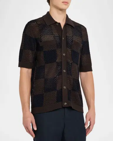 Reiss Men's Alfred Checkered Crochet Short-Sleeve Shirt | Thumbnail 4 Reiss Men's Alfred Checkered Crochet Short-Sleeve Shirt | Thumbnail 4