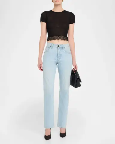 Saint Laurent Lace-Trim Short-Sleeve Crop T-Shirt | Thumbnail 2