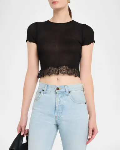 Saint Laurent Lace-Trim Short-Sleeve Crop T-Shirt | Thumbnail 4