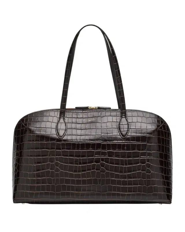 Curved Croc-Embossed Leather Day Tote Bag