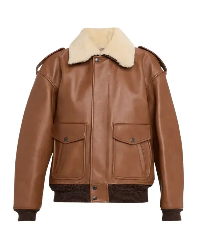 Lamb Shearling Collar Leather Aviator Jacket