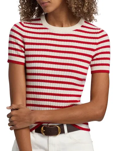 Nili Lotan Women's Alita Cashmere Short-Sleeve Sweater - Ivory Red Stripe - Size XL | Thumbnail 6 Nili Lotan Women's Alita Cashmere Short-Sleeve Sweater - Ivory Red Stripe - Size XL | Thumbnail 6