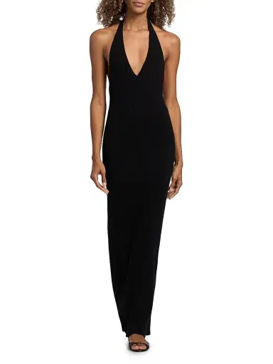 Nili Lotan Women's Ivenka Rib-Knit Open Back Halter Maxi Dress - Black | Thumbnail 3