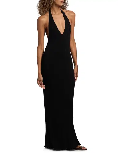Nili Lotan Women's Ivenka Rib-Knit Open Back Halter Maxi Dress - Black | Thumbnail 4