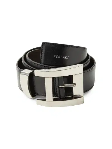 Versace Men's Geometric Buckle Leather Belt - Black Palladium - Size 44 | Thumbnail 1