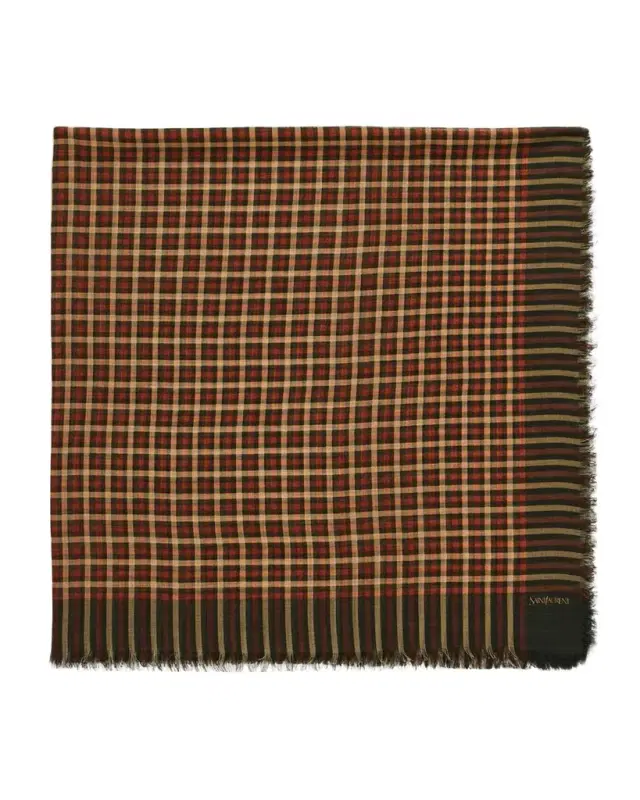 Saint Laurent Men 's Wool Madras Check Square Scarf