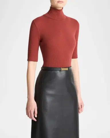 Vince Ribbed Elbow-Sleeve Turtleneck Top | Thumbnail 2