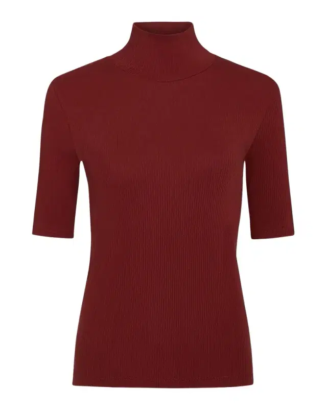 Ribbed Elbow-Sleeve Turtleneck Top