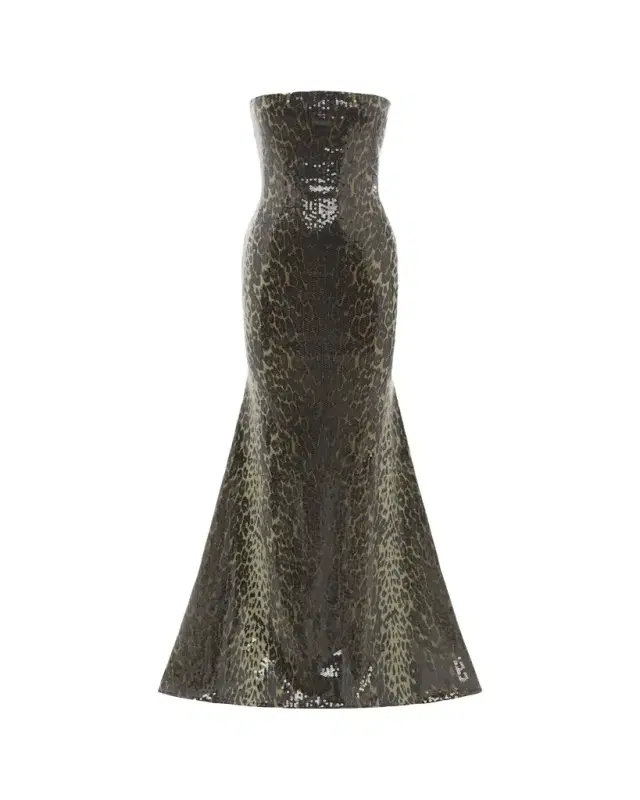 Strapless Leopard-Print Sequined Longline Trumpet Gown