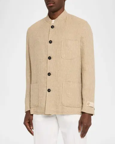 Massimo Alba Men's Linen and Cotton Band-Collar Stripe Jacket | Thumbnail 8