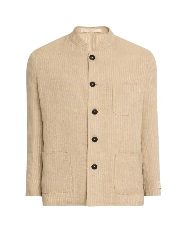 Men's Linen and Cotton Band-Collar Stripe Jacket