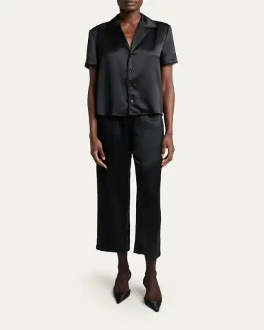 Saint Laurent Lace-Trim Short-Sleeve Silk Pajama Shirt | Thumbnail 2