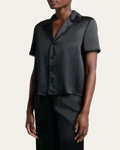 Saint Laurent Lace-Trim Short-Sleeve Silk Pajama Shirt | Thumbnail 4