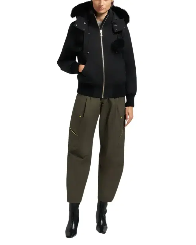 Debbie Bomber Jacket with Detachable Hood, Shearling Trim, & Pom Poms