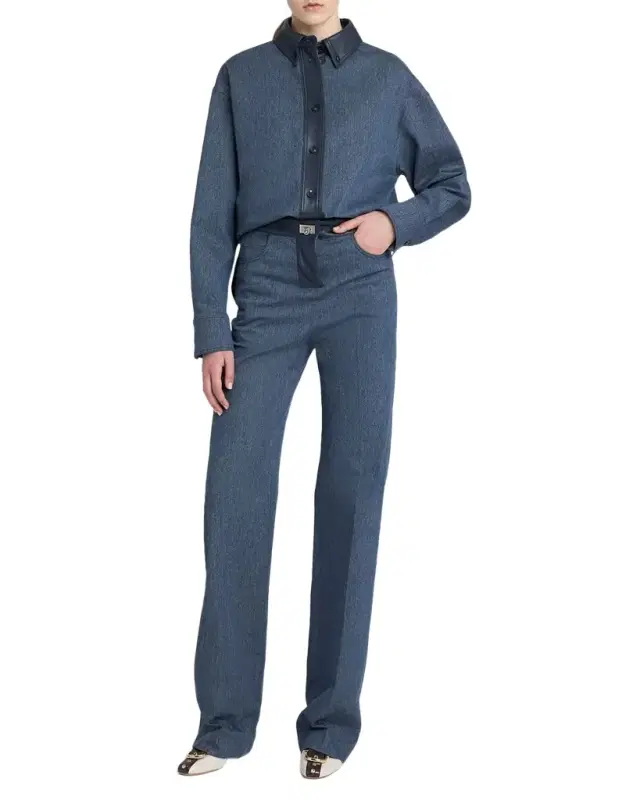 Leather-Trim Cotton Denim Button-Down Shirt