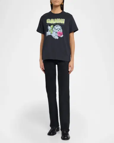 Ganni Cotton-Jersey Crewneck Logo Tee | Thumbnail 2
