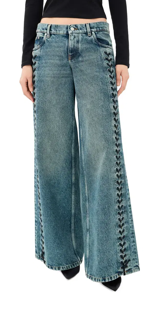 Laced Denim Wide Leg Jeans Mid Blue