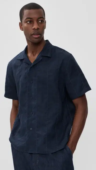 Vince Linen Eyelet tripe Short Sleeve Cabana Shirt Coastal | Thumbnail 2