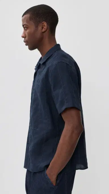 Vince Linen Eyelet tripe Short Sleeve Cabana Shirt Coastal | Thumbnail 4