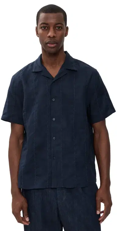 Vince Linen Eyelet tripe Short Sleeve Cabana Shirt Coastal | Thumbnail 1
