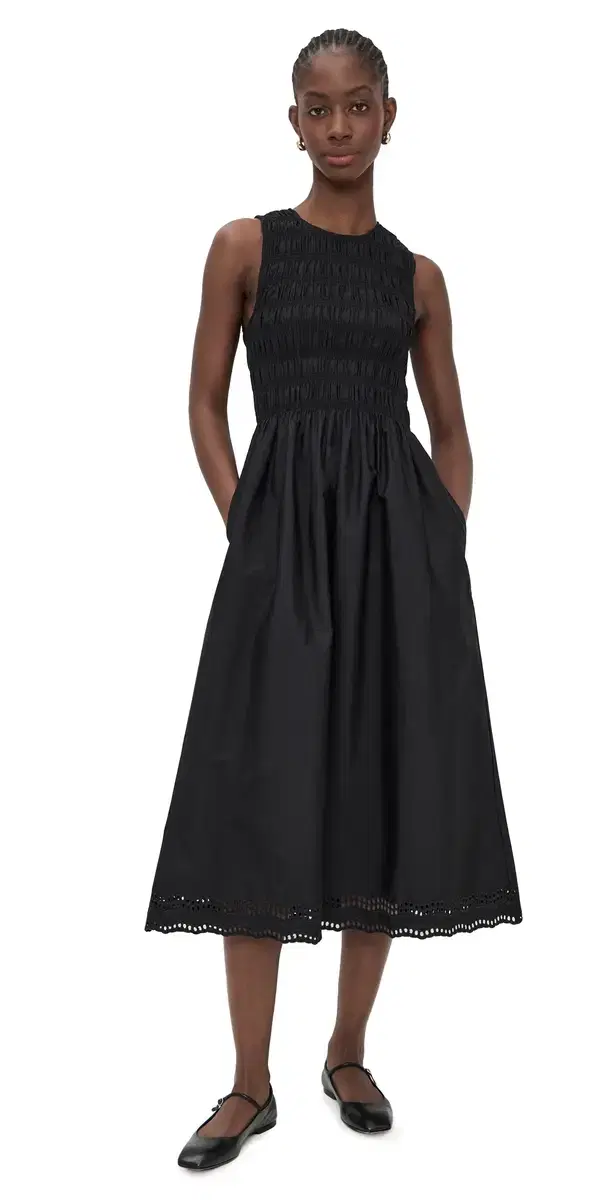 The Embroidered Melody Smocked Midi Dress Jet Black