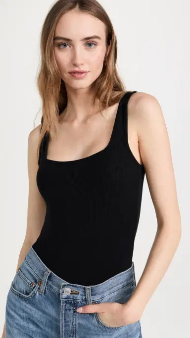 Ambitionist Ribbed Square Neck Tank Thong Bodysuit Black | Thumbnail 2