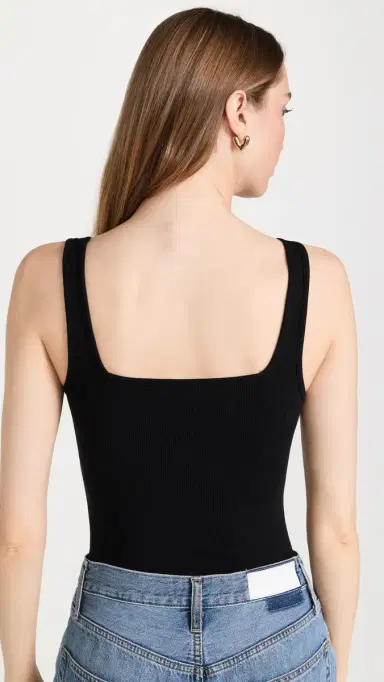 Ambitionist Ribbed Square Neck Tank Thong Bodysuit Black | Thumbnail 3