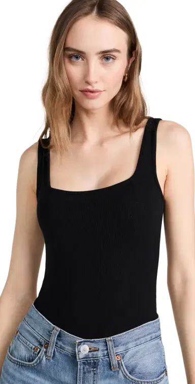Ambitionist Ribbed Square Neck Tank Thong Bodysuit Black | Thumbnail 1