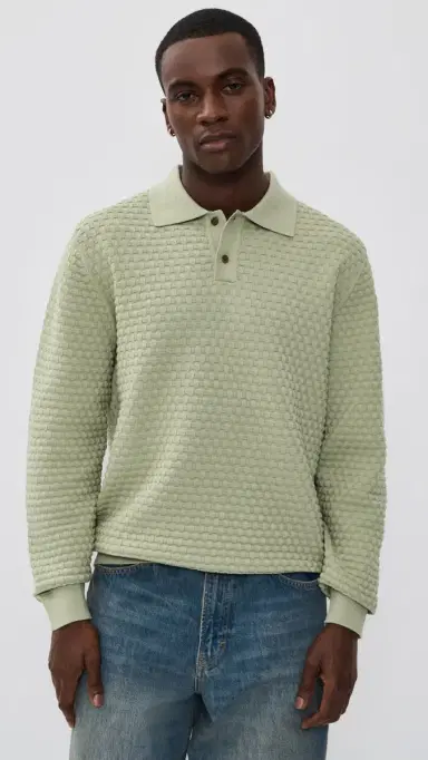 Les Deux Billy Weave Knitted Long Sleeve Polo Tea Green M | Thumbnail 2